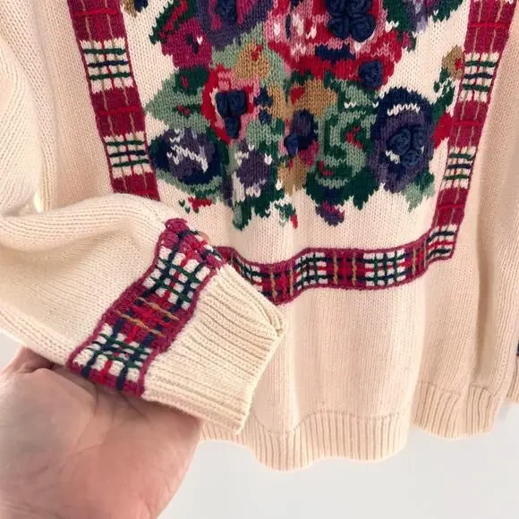 women's SM vintage floral intarsia mock neck sweater plaid off white pink purple - Picture 7 of 8